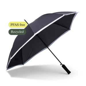 NEW!Our bestseller Save is now available with a reflective band around the panels. This umbrella is special because it is completely PFAS-free and made with care for both people and the environment.Instead of the traditional water-repellent treatment, we have chosen an alternative method free from harmful chemicals. The umbrella features panels made from R-PET fabric, providing a lower climate footprint and a more sustainable lifecycle.When it&rsquo;s dark and visibility is low in the rain, the reflective band along the edge adds extra visibility. (We recommend also wearing a CE-approved reflective vest for increased safety.)Save is a sturdy and affordable 8-panel umbrella with automatic opening. It has a black metal shaft, wind-resistant fiberglass ribs, and an extra-long, comfortable straight EVA foam handle &ndash; a customer favorite.