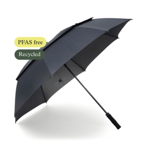 NEW! Golf Push is an exclusive, sturdy, and highly wind-resistant umbrella with eight double-layered panels, making it exceptionally stable even in strong winds. What makes it special is that it is completely PFAS-free and made with care for both people and the environment. Instead of the traditional water-repellent treatment, an eco-friendly method without harmful chemicals is used &ndash; just as effective against rain, but much kinder to nature.The umbrella features panels made of R-PET fabric, providing a lower climate footprint and a more sustainable life cycle. Push has automatic opening, a fiberglass shaft, and flexible fiberglass ribs for maximum strength and flexibility.The EVA foam handle offers a comfortable, secure grip, and the umbrella includes a wind-vent system &ndash; when the wind picks up, the upper panels open slightly to let air through, preventing the canopy from turning inside out and keeping you dry.With an impressive diameter of 130 cm, Golf Push provides generous coverage, while its folded length of 100 cm makes it easy to carry. It&rsquo;s a popular choice on the golf course, for extra rain protection in everyday life, or in environments exposed to strong winds.