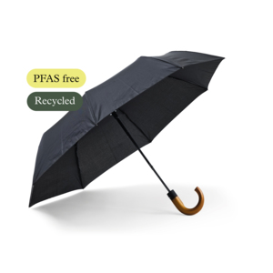 NEW! Bend is a sturdy compact umbrella with a solid wooden crook handle. What makes it special is that it is completely PFAS-free and made with care for both people and the environment. Instead of the traditional water-repellent treatment, an eco-friendly method without harmful chemicals is used &ndash; just as effective against rain, but much kinder to nature.The umbrella features panels made of R-PET fabric, providing a lower climate footprint and a more sustainable life cycle. The metal frame combined with graphite and fiberglass ribs at the tips makes the construction stronger and more resistant to wind. The panels are reversible, adding both function and style.Bend has an automatic opening mechanism and a three-section black steel shaft, making it practical, durable, and easy to carry wherever you go.