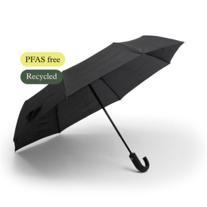 NEW! Breeze is a sleek umbrella that combines modern technology with a timeless silhouette. What makes it special is that it is completely PFAS-free and made with care for both people and the environment. Instead of the traditional water-repellent treatment, an eco-friendly method without harmful chemicals is used &ndash; just as effective against rain, but much kinder to nature.The umbrella features panels made of R-PET fabric, providing a lower climate footprint and a more sustainable life cycle. With its automatic open-and-close mechanism, Breeze is easy to handle even when your hands are full &ndash; one press is all it takes to smoothly open or close the umbrella.The classic J-shaped rubber-coated handle offers a secure and comfortable grip while adding an elegant touch. With a diameter of 97 cm, Breeze provides generous rain protection yet remains compact, folding down to just 33 cm &ndash; perfect to carry in your bag or briefcase.The strong metal shaft and flexible fiberglass ribs make the umbrella storm-resistant and ready for rough weather.