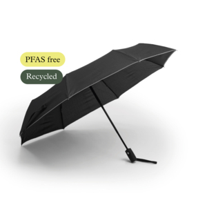 NEW! Flex is a compact and functional umbrella with a reflective edge, designed to handle everyday weather with both style and practicality. What makes it special is that it is completely PFAS-free and made with care for both people and the environment. Instead of the traditional water-repellent treatment, an eco-friendly method without harmful chemicals is used &ndash; just as effective against rain, but much kinder to nature.The umbrella features panels made of R-PET fabric, providing a lower climate footprint and a more sustainable life cycle. When it&rsquo;s dark and visibility is poor, the reflective band around the outer edge adds extra visibility and safety. (We recommend also wearing a CE-approved reflective vest for maximum safety.)Flex has an automatic open-and-close function, allowing you to open or close the umbrella quickly and easily with one hand. The straight, patterned rubber-coated handle provides a comfortable, non-slip grip even in wet conditions &ndash; practical, durable, and pleasant to hold.Despite its generous diameter of 97 cm, Flex is easy to carry &ndash; folding down to just 29 cm, it fits perfectly in your handbag, glove compartment, or coat pocket. The sturdy metal shaft and flexible fiberglass ribs make it extra wind-resistant, built to withstand strong winds without turning inside out.