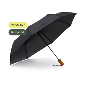 NEW! Root Umbrella &ndash; natural feel, thoughtful design. <br>Root is a compact umbrella with a solid feel and carefully considered details. The straight wooden handle gives the umbrella a stylish, natural look, while the automatic opening adds both functionality and a more premium feel.<br> <br>With a diameter of 98 cm, Root provides good protection when the rain comes. The sturdy construction with a metal shaft and flexible fibreglass ribs makes the umbrella more resilient in windy conditions. The elastic wrist strap is a practical detail, and the umbrella comes with a matching pouch.<br> <br>The fabric is made from recycled polyester, R-PET &ndash; a material choice that contributes to a lower climate footprint compared with virgin polyester. Like all our umbrellas, Root is also completely PFAS-free. PFAS are still commonly used for their water-repellent properties in many promotional umbrellas, but we have chosen to eliminate these substances from our entire umbrella range. Thoughtful material choices for an umbrella that combines both style and function.<br> <br>Rooted in sustainable materials. A wiser choice.