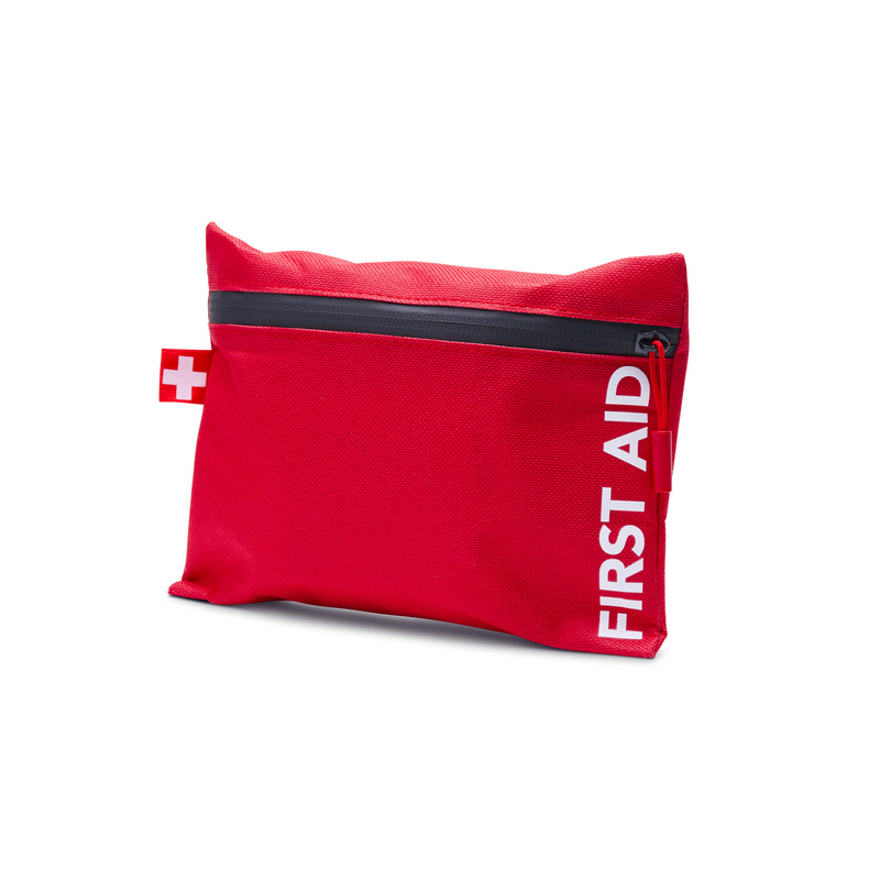 NEW PRODUCT! First aid bag with the essentials needed if an accident occurs. A thoughtful gift with a tasteful design. The first aid kit contains a triangular bandage, band-aids, tweezers, safety pins, tape, scissors, alcohol prep pad, sterile guaze swab, tourniquet, bandages and first aid guide. Can be printed on front or back. Download design sketch for more info. First aid bag is offered in red, black and light grey. It can also be ordered on trading, with your client&rsquo;s colour &ndash; contact us for more info and for a quote!