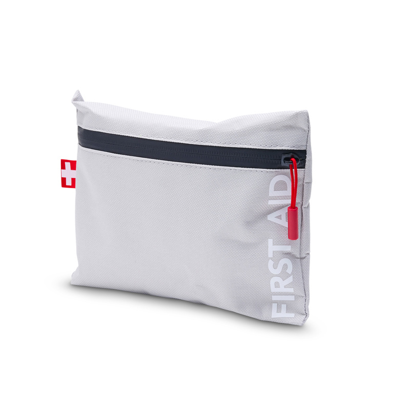 NEW PRODUCT! First aid bag with the essentials needed if an accident occurs. A thoughtful gift with a tasteful design. The first aid kit contains a triangular bandage, band-aids, tweezers, safety pins, tape, scissors, alcohol prep pad, sterile guaze swab, tourniquet, bandages and first aid guide. Can be printed on front or back. Download design sketch for more info. First aid bag is offered in red, black and light grey. It can also be ordered on trading, with your client&rsquo;s colour &ndash; contact us for more info and for a quote!