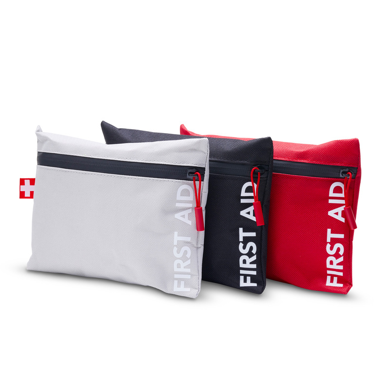 NEW PRODUCT! First aid bag with the essentials needed if an accident occurs. A thoughtful gift with a tasteful design. The first aid kit contains a triangular bandage, band-aids, tweezers, safety pins, tape, scissors, alcohol prep pad, sterile guaze swab, tourniquet, bandages and first aid guide. Can be printed on front or back. Download design sketch for more info. First aid bag is offered in red, black and light grey. It can also be ordered on trading, with your client&rsquo;s colour &ndash; contact us for more info and for a quote!
