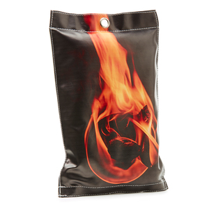 Sale! Fire blanket in pouch with flames on it! Choose between two different designs and sizes. The pouch can be screen-printed. The blanket with the orange flame is 120 x 180 cm, recommended price 190 SEK. The blanket with the blue flame is 120 x 120 cm, recommended price 150 SEK. Description and safety instructions on the back. The blanket follows EN standard: 1869: 1997. Limited quantity in stock.