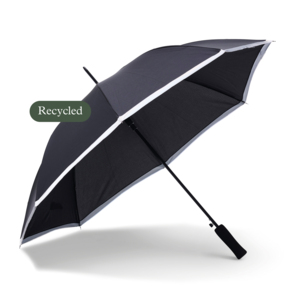 Our best-seller Save is now available as an additional R-PET option and is also bordered with a reflective band! Save is a sturdy and affordable 8-panel umbrella with automatic opening. It features a black shaft, metal ribs, and an ergonomic straight EVA-foam handle, which is very popular. The panel fabric is called Pongee, offering higher quality and a finer finish for printing. Open size - 102 cm in diameter, 83 cm when folded.