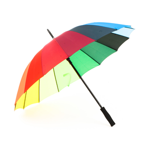 Colorful umbrella with 16 panels in all shades of the rainbow. Black metal shaft and EVA foam handle. Panel colors and placement may vary.