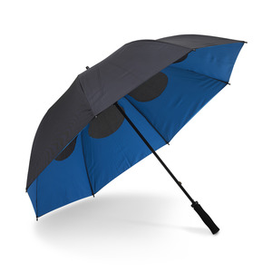 An umbrella with double panel fabrics, good looking and functional. A colorful inner fabric with a black outside. Slits for air flow through the 8 panels. Manual folding with strong graphite shaft and grip-friendly rubberized handle.