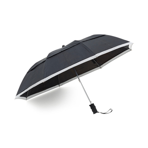 Wind-resilient umbrella with eight 2-part panels, which makes it extra sturdy. The panels are edged with a 2.5 cm wide reflective tape. Features automatic folding, metal shaft, and rubberized grip-friendly handle with wrist strap. Delivered in a case with a reflective edge.