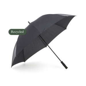 Our affordable golf umbrella Mine is now available in an environmentally smart alternative, where the panels are made of recycled PET (R-PET). Available in black with 14 mm shaft and rod in graphite. Wind-resilient to strong breezes. Features manual folding, EVA foam handle, and 8 panels. The R-PET option is marked with a hang tag and a discreet tone-on-tone print on the closing strap outside of the panels saying "Recycled PET".