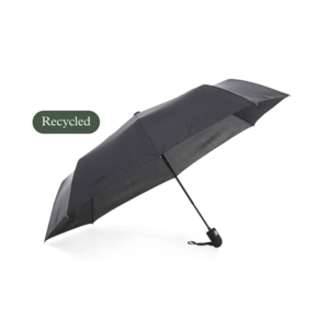 Our Key umbrella in an environmentally smart alternative where the panels are made of recycled PET (R-PET). A sturdy compact umbrella with graphite rod and automatic folding, it also has a rubberized handle with wrist strap and 8 panels. The R-PET option is marked with a hang tag and a discreet tone-on-tone print on the strap. The material description is on the inside of the panels. Key R-PET is available in black.