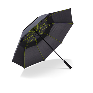 A golf umbrella with neon-colored rods beneath the panels that gives the umbrella a unique design. The eight 2-part panels make the umbrella wind-resilient. Features automatic folding, graphite shaft and grip-friendly EVA foam handle.