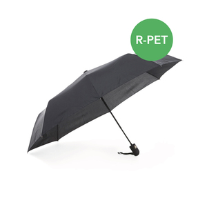 Our Key umbrella in an environmentally smart alternative where the panels are made of recycled PET (R-PET). A sturdy compact umbrella with graphite rod and automatic folding, it also has a rubberized handle with wrist strap and 8 panels. The R-PET option is marked with a hang tag and a discreet tone-on-tone print on the strap. The material description is on the inside of the panels. Key R-PET is available in black.