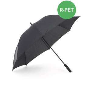Our affordable golf umbrella Mine is now available in an environmentally smart alternative, where the panels are made of recycled PET (R-PET). Available in black with 14 mm shaft and rod in graphite. Wind-resilient to strong breezes. Features manual folding, EVA foam handle, and 8 panels. The R-PET option is marked with a hang tag and a discreet tone-on-tone print on the closing strap outside of the panels saying "Recycled PET".