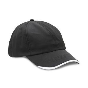 SALE! A sporty cap in a thin, breathable fabric with a faintly textured pattern. The pre-curved peak has a decorative edge in white and a underside in reflective gray. Velcro closure at the back.This cap is bought in whole cartons of 50 pcs.