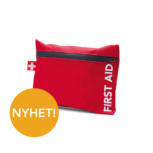 NEW PRODUCT! First aid bag with the essentials needed if an accident occurs. A thoughtful gift with a tasteful design. The first aid kit contains a triangular bandage, band-aids, tweezers, safety pins, tape, scissors, alcohol prep pad, sterile guaze swab, tourniquet, bandages and first aid guide. Can be printed on front or back. Download design sketch for more info. First aid bag is offered in red, black and light grey. It can also be ordered on trading, with your client’s colour – contact us for more info and for a quote!