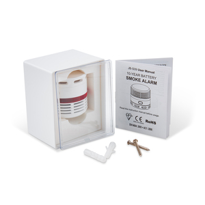 Discreet smoke alarm, only 44 mm in diameter. Built-in 10-year battery with indicator for battery replacement. Alarm signal of at least 85 dB / 3 meters. Approved according to CE, EN14604. An optical smoke alarm reacts quickly to cold visible smoke e.g. melting plastic. Delivered in a box with a transparent lock. Screw for mounting included.