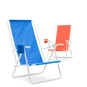Beach chairs - a great summer gift! Order 100 or more from the factory and get the opportunity to make this summer's corporate gift unique with close to 30 different fabric color choices and 4 different frame colors - black, white, grey and silver. This is a sturdy beach chair with fabric of 600D polyester and a reinforced steel frame. A cup holder and two sitting positions make this chair extra comfortable! A company logo on the back of the chair is a perfect advertising space on the beach. See product sheet for color selection on frame and fabric. We are happy to help you produce sketch suggestions.Please note, this product does not apply to free shipping for web orders. Film charge will be added with recommended price of 740 SEK / color. The minimum quantity from the factory is 100 pcs. Ordering less than 100 is not possible with colored chairs. If the order is smaller then we refer to black chairs from our warehouse to fill the order.