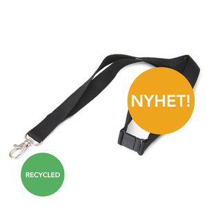 Lanyards are popular to hand out at trade fairs, events, and as giveaways. We take orders for lanyards from minimum 100 items. Sometimes time is short, so we therefore provide a standard black strap with snap hook and safety buckle, without marking (but we can deliver plastic pockets, so it is possible to mark paper inserts for example). They can be delivered from us the same day for those who want and need a fast solution. Please note: The lanyard is delivered without a buckle release, the image in Catalog 2020 is incorrect.