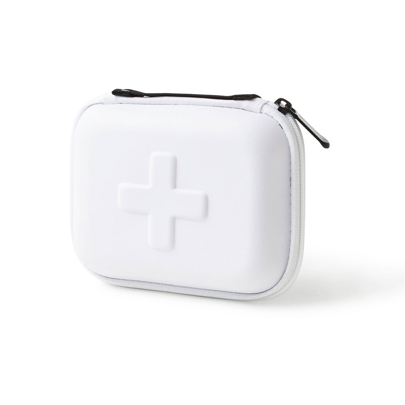 Caring is a great gift! This fresh white first aid kit is packaged in a shockproof EVA foam case and filled with thoughtful and useful products. The box contains wound cleanser, bandages, tape, safety pins, triangle bandage, gauze, and a wrap bandage. Dimensions: 16 x 12 x 5 cm. Print size: 7 x 10 cm on the back.Please note: Only possible to print in 1 color!