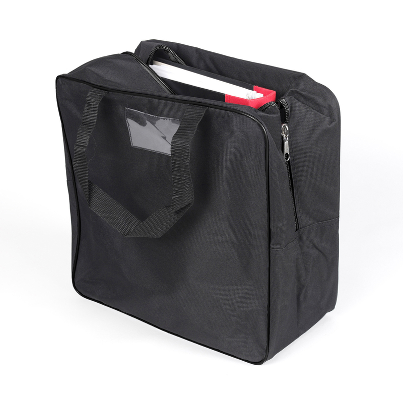 Bag in durable 600 D polyester material. Perfect for carrying heavy binders or ski boots in. Plastic pocket for business cards on one side. Extra strong zipper with two tabs.