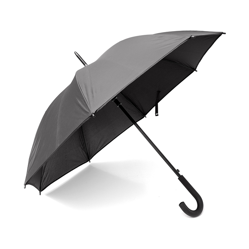 Ett läckert helsvart paraply med J-format gummerathandtag för extra bra grepp. Automatisk uppfällning.Metallplatta på spännet för diskret tryck ellerprägling (präglad logo endast vid special -order).