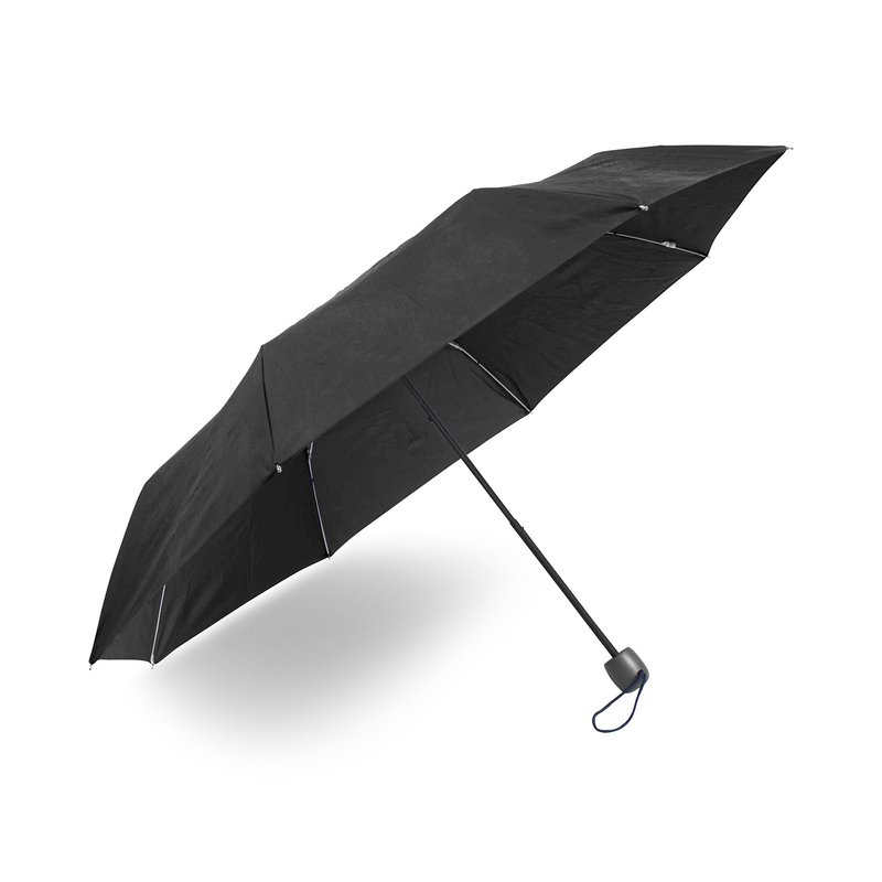 Compact umbrella with eight panels. Able to be turned inside out without breaking. 3-part shaft, manual folding, tips and top in black metal. Black, straight handle with wrist strap. Delivered in a case.
