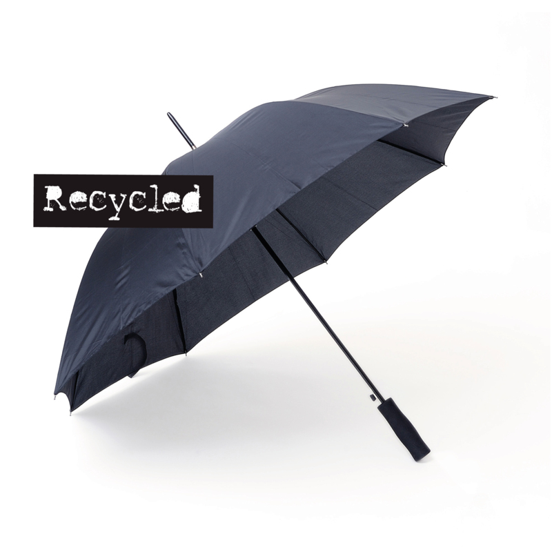 Our bestseller Save is now available in an environmentally smart alternative, where the panel fabric is made from recycled PET (R-PET). Save is a sturdy 8-panel umbrella with automatic folding. Features a black steel shaft and straight EVA foam handle. The R-PET option is marked with a hang tag and a discreet tone-on-tone print on the strap and on the outside of the panels with description of the material. Save R-PET is available in black.