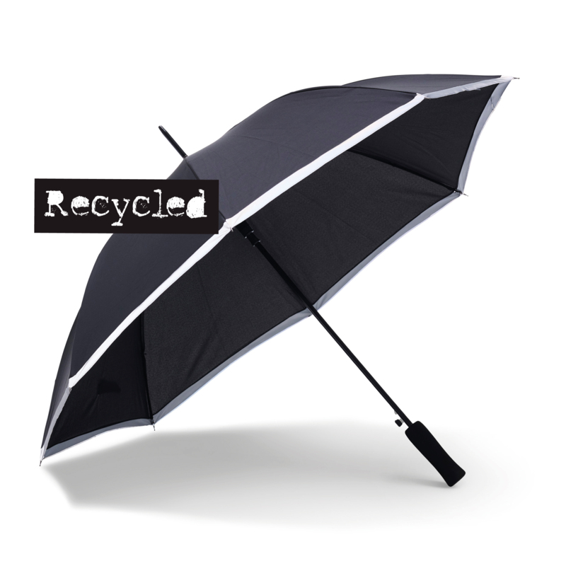Our best-seller Save is now available as an additional R-PET option and is also bordered with a reflective band! Save is a sturdy and affordable 8-panel umbrella with automatic opening. It features a black shaft, metal ribs, and an ergonomic straight EVA-foam handle, which is very popular. The panel fabric is called Pongee, offering higher quality and a finer finish for printing. Open size - 102 cm in diameter, 83 cm when folded.