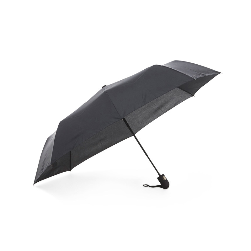 A sturdy compact umbrella with graphite rod, which makes the construction more resilient to high winds. It has 8 panels and is available in standard black fabric. This model is also available with panel fabric made of recycled polyester (R-PET). The umbrella has automatic folding, three-part black steel shaft, and a rubberized handle with wrist strap. The quality of the panel fabric is called Pongee and gives a higher quality and finer finish when printed.