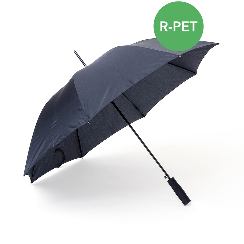 Our bestseller Save is now available in an environmentally smart alternative, where the panel fabric is made from recycled PET (R-PET). Save is a sturdy 8-panel umbrella with automatic folding. Features a black steel shaft and straight EVA foam handle. The R-PET option is marked with a hang tag and a discreet tone-on-tone print on the strap and on the outside of the panels with description of the material. Save R-PET is available in black.
